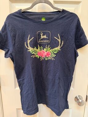 John Deere Navy Tee with Floral Antler Emblem
